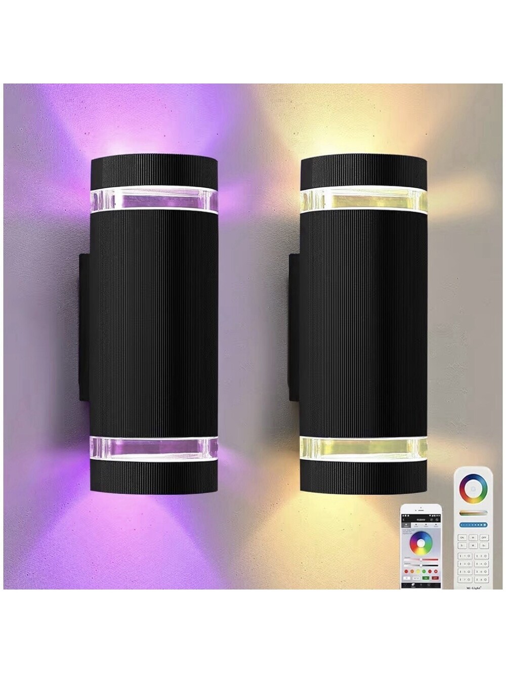 Color Changing RGB Outdoor Wall Lights - 2 Pack Modern Exterior Sconces